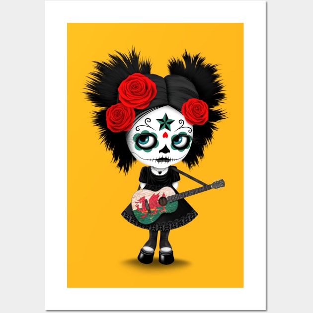 Sugar Skull Girl Playing Welsh Flag Guitar Wall Art by jeffbartels